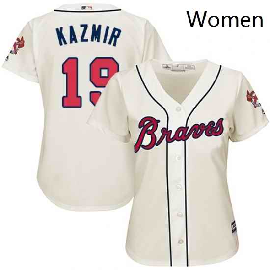 Womens Majestic Atlanta Braves 19 Scott Kazmir Replica Cream Alternate 2 Cool Base MLB Jersey